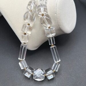Vintage Chunky Lucite Beaded Necklace Clear Gold Tone Geometric Retro Statement